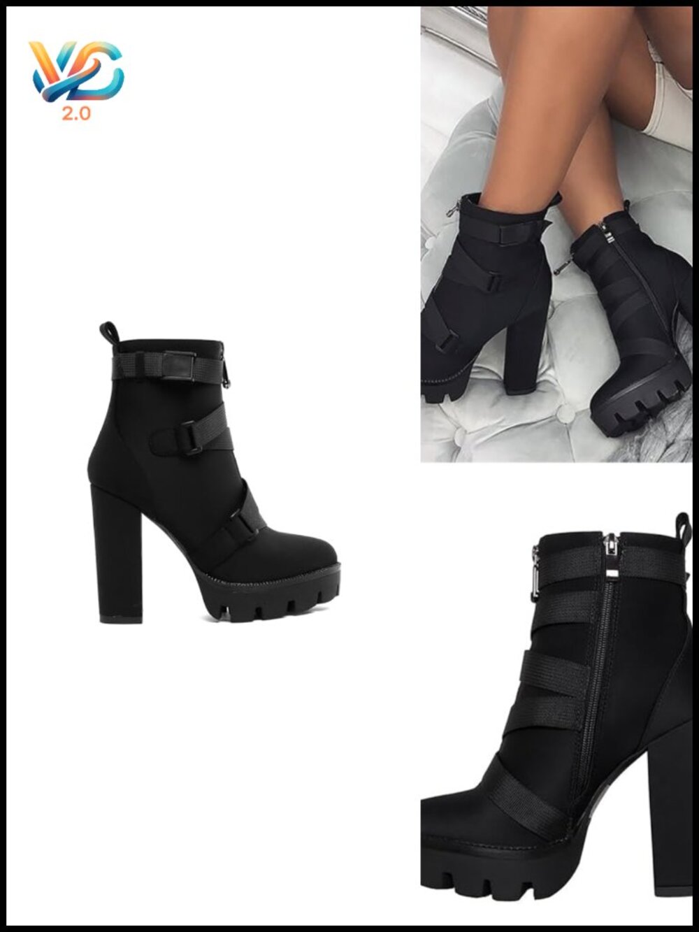 Chunky Heel Ankle Booties with Platform, Lace Up Side Zipper, Buckle Strap